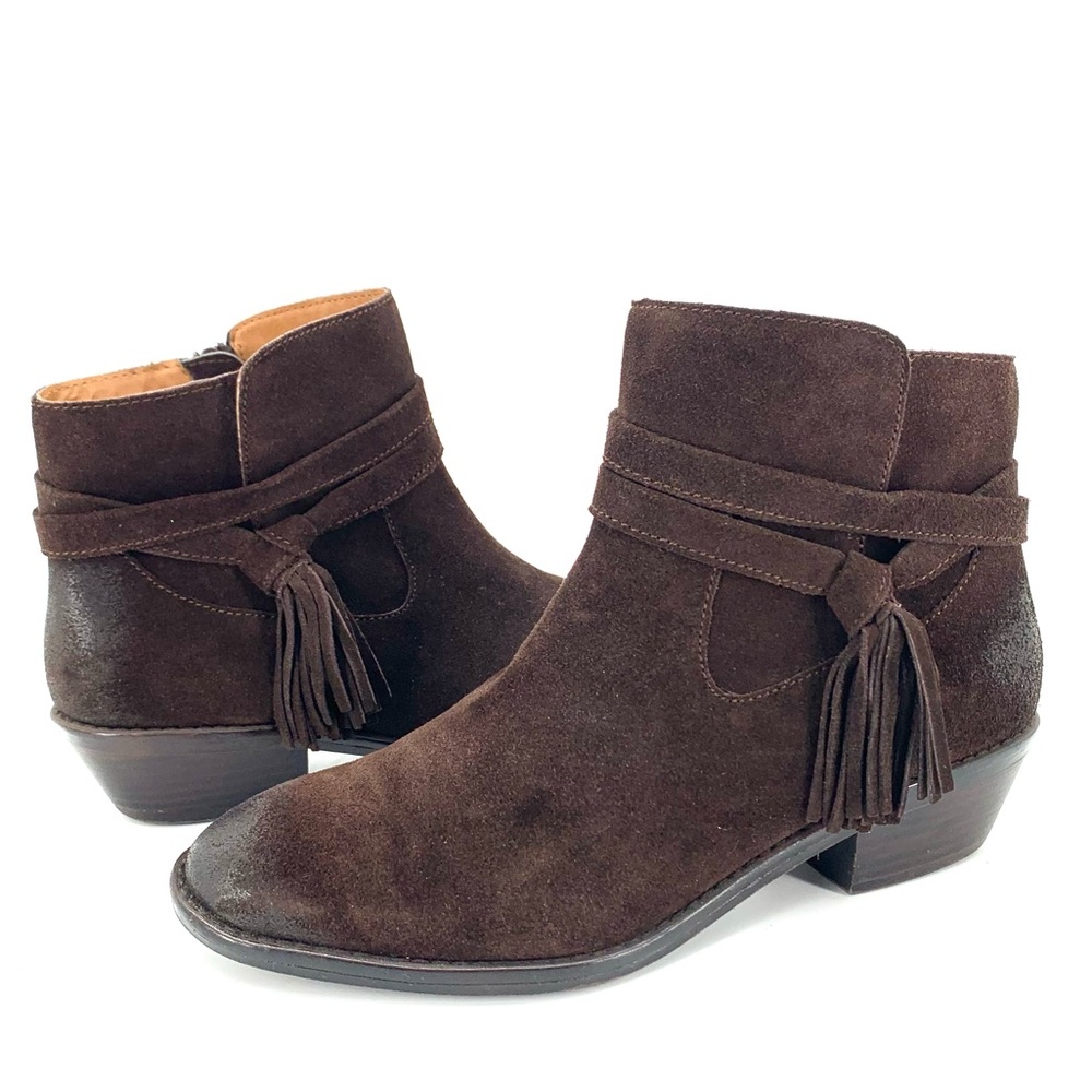 Sofft Brown Burnished Suede Ankle Boots with Fringe Tassel Size 9